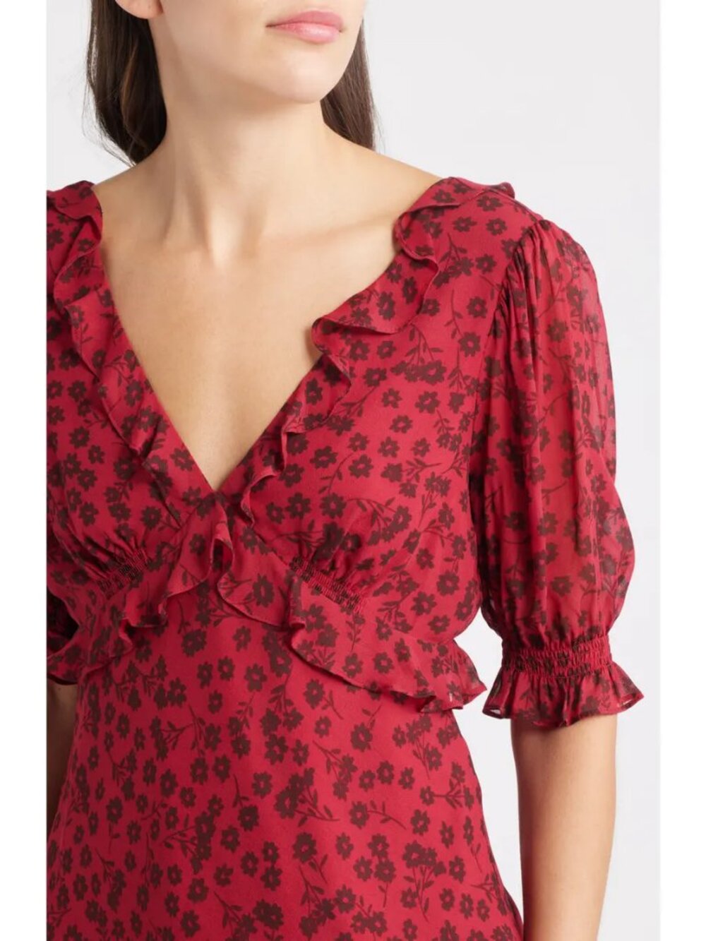 Carmine Daisies Miramar Floral Ruffle V-Neck Top